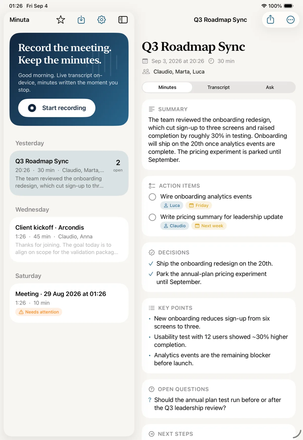 Minuta on iPad showing the meeting Q3 Roadmap Sync, with a summary, two action items carrying owner and due chips, two decisions and three key points.