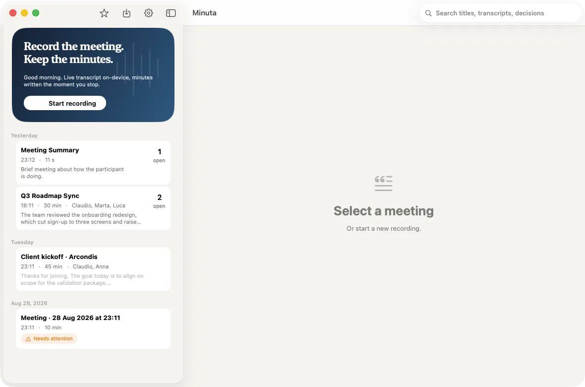 Minuta on Mac. A sidebar lists meetings grouped by day beside a detail pane that reads Select a meeting.